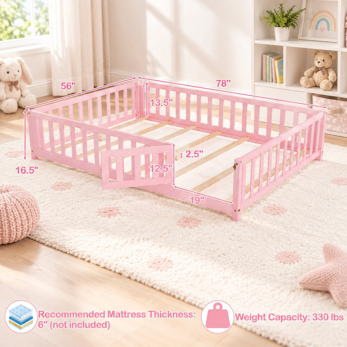 Airfind Montessori Bed Frame with Full-length Guardrails Safety Door and Latch, 330 lbs Capacity, Pine Wood Plywood Frame, Pink