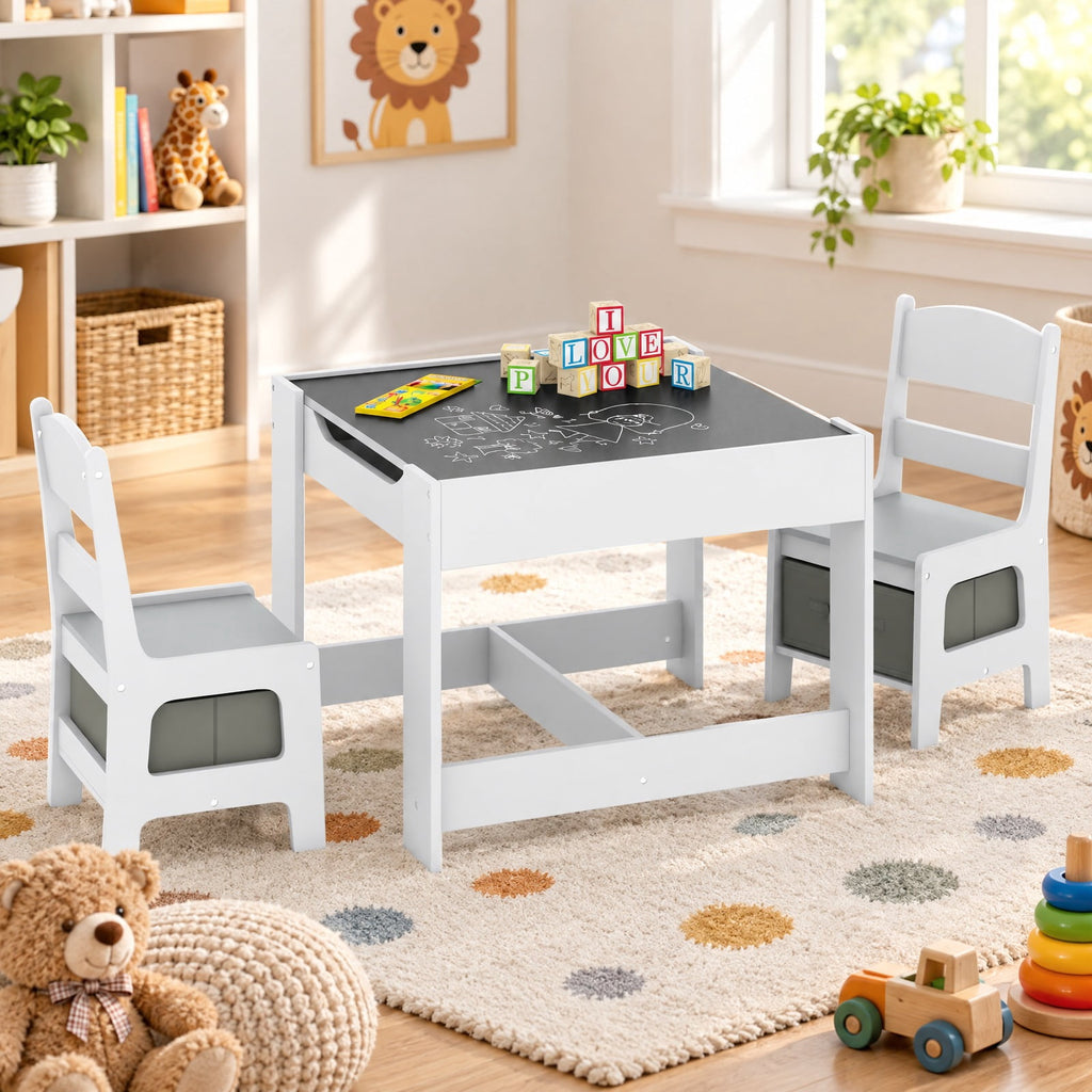 Airfind Kids Table Chairs Set With Storage Boxes Blackboard Whiteboard Drawing, P2 MDF Applicable age 3-7 Years Frame, 24.5 Inch x 24.5 Inch x 19 Inch Footprint