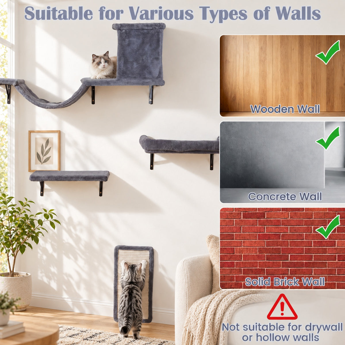 Airfind 5-in-1 Cat Wall Shelves with Condo Bridge Perch Platform Scratching Post and Board for Indoor, 22 lbs Capacity, Gray