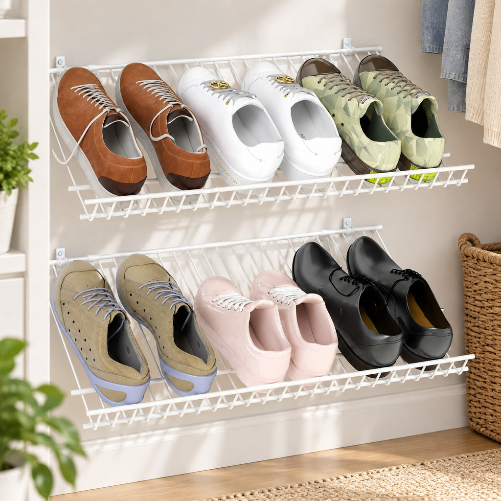 Airfind Closet Shelves Wall Mounted Set of 2 Metal Wire Shoe Racks, 11 lbs Capacity, Metal Frame, 24 Inch x 12 Inch x 1 Inch Footprint, White