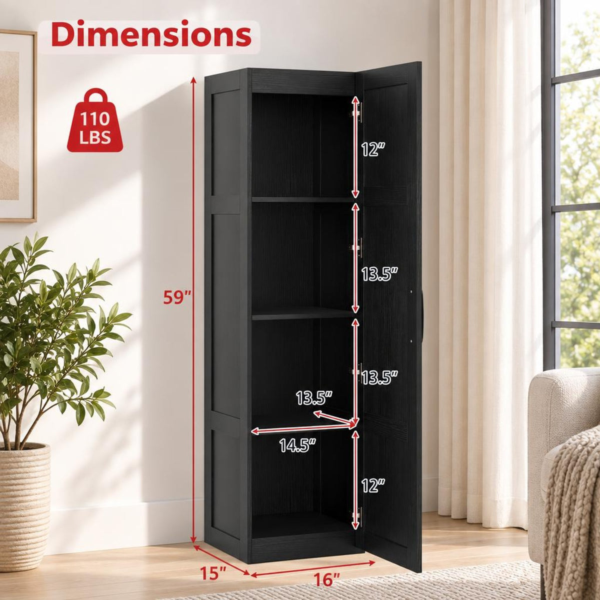 Airfind Tall Storage Cabinet with 4 Storage Shelves for Bathroom Living Room, 110 lbs Capacity, Engineered Wood MDF Frame, 16in x 15in x 59in Footprint