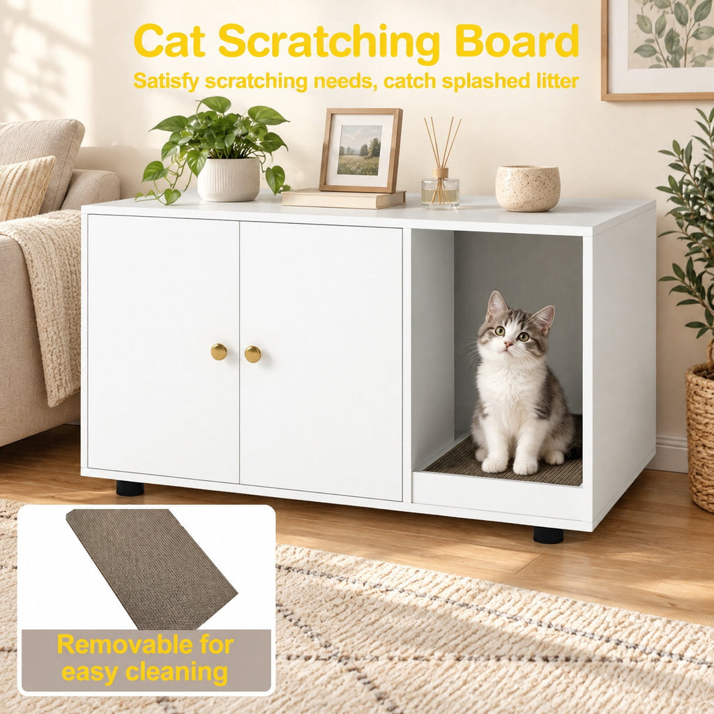 Airfind Wooden Cat Litter Box Enclosure Hidden Litter Box Furniture with Scratching Board, Engineered Board MDF Frame, White