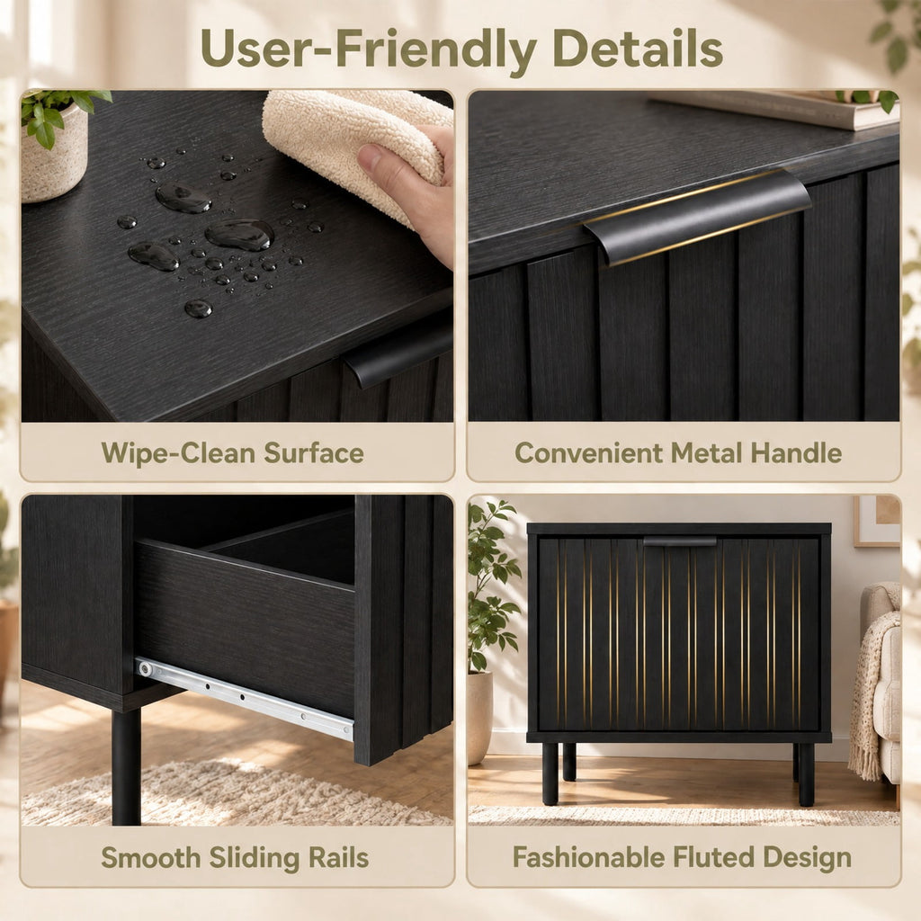 Airfind Set of 2 Black Modern Nightstand with Vertical-Striped Storage Drawer, 121lbs Capacity, Engineered Wood Metal PVC Frame, Black