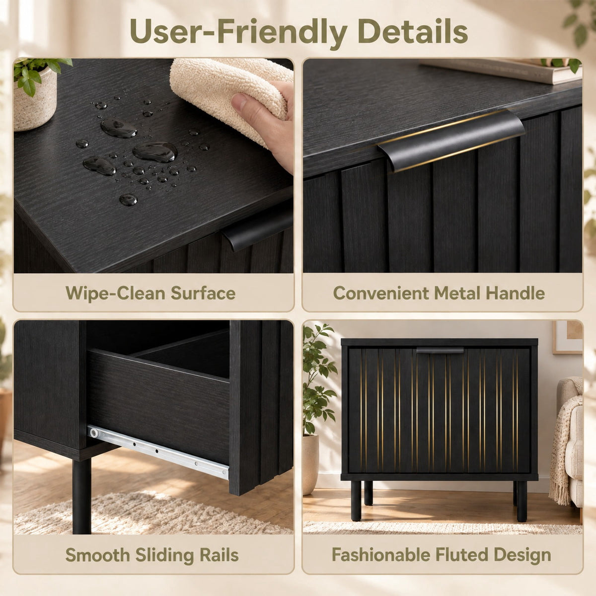 Airfind Set of 2 Black Modern Nightstand with Vertical-Striped Storage Drawer, 121lbs Capacity, Engineered Wood Metal PVC Frame, Black