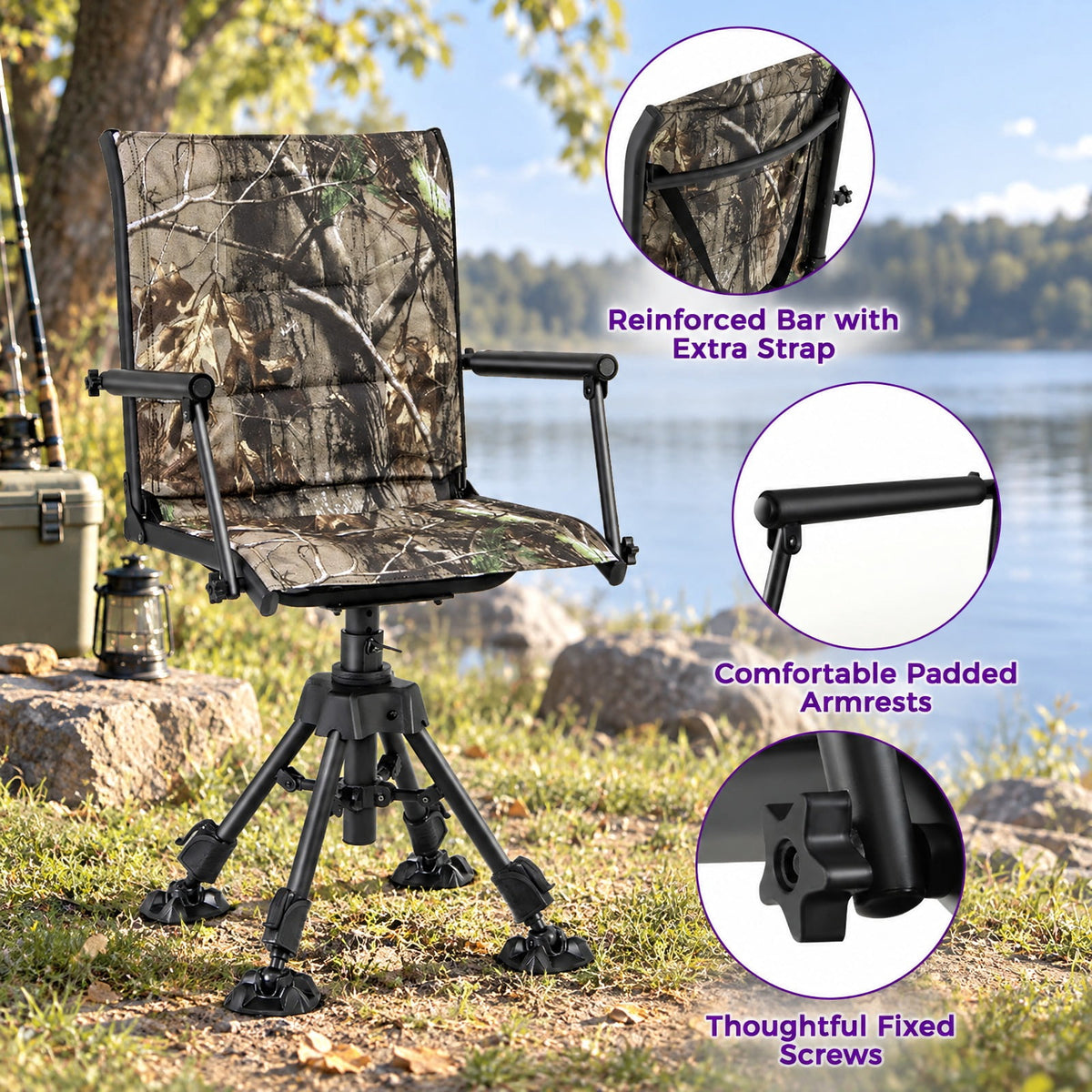 Airfind Folding Swivel Patio Chair with 4 Adjustable Leg, PP Steel Nylon Frame, 21.5 x 21.5 x 33.5-42 Footprint, Camouflage