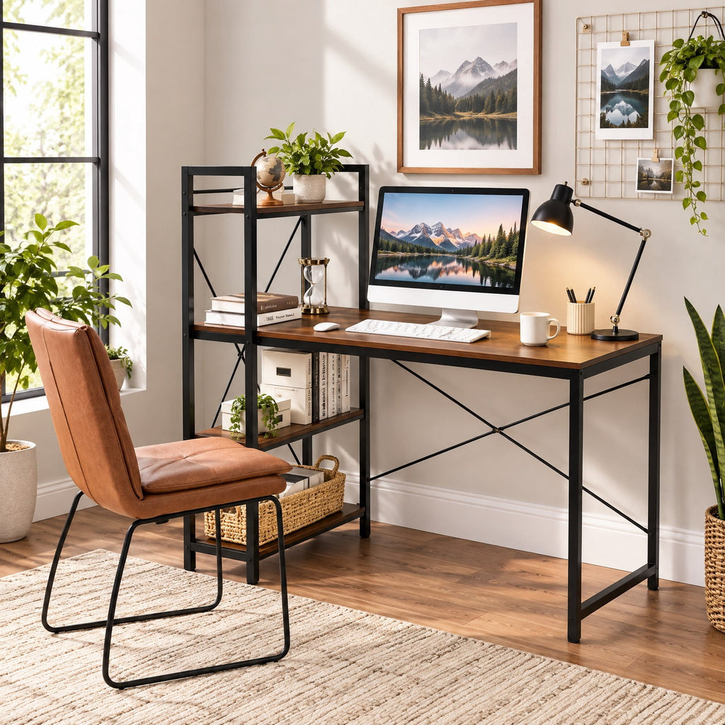 Airfind 47.5 Inch Writing Study Computer Desk with 4-Tier Shelves, P2 MDF Iron Frame, Tan, Product size 47.5in x 24in x 48in (L x W x