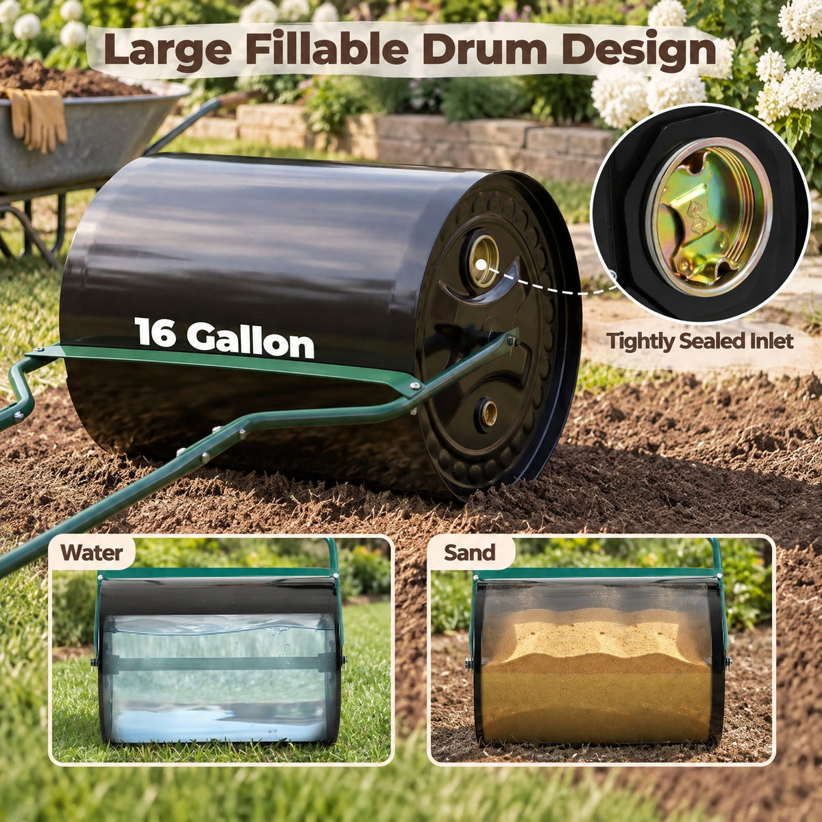 Airfind Lawn Roller 16 Gallon Water/Sand Filled Garden Drum Roller with Leak, Metal Frame, 21 x 16 x 44(L X W X H) Roller Footprint, Black