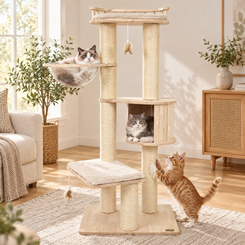 Airfind Cat Tree for Indoor Kittens with Top Perch Condo Space and 3 Hanging Feather Toys, 4 Inch Sisal Scratching Posts for Cats to Claw, Beige