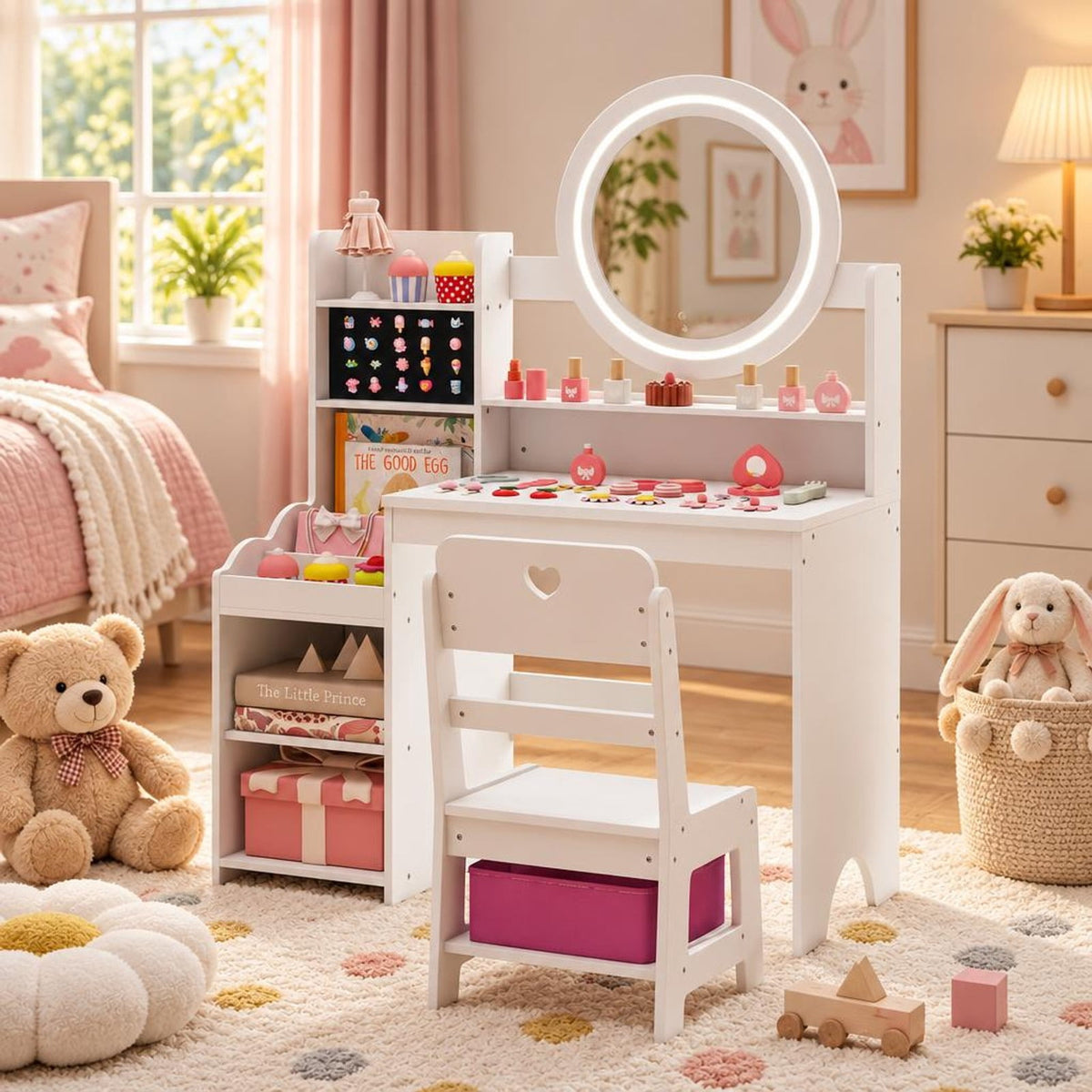 Airfind Kids Vanity Desk with Mirror and Lights Princess Pretend Play Dressing Table and Chair Set, 66 lbs Capacity, MDF Frame, for 3+ years old
