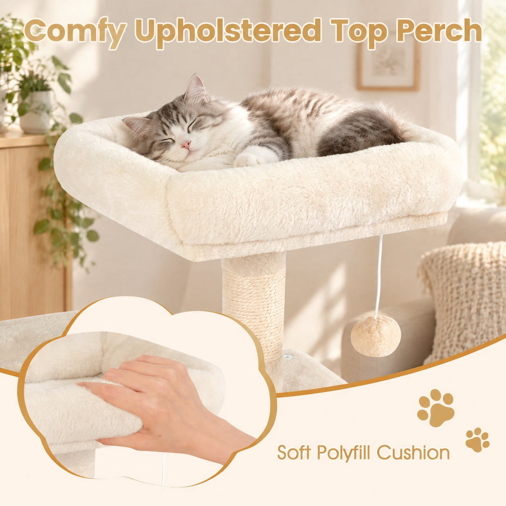 Airfind Multi-Level Cat Tower with 2-Door Condo and Padded Top Perch, PP Cotton Fabric Sisal Engineered Wood Overall Height 44 Base Frame, Beige