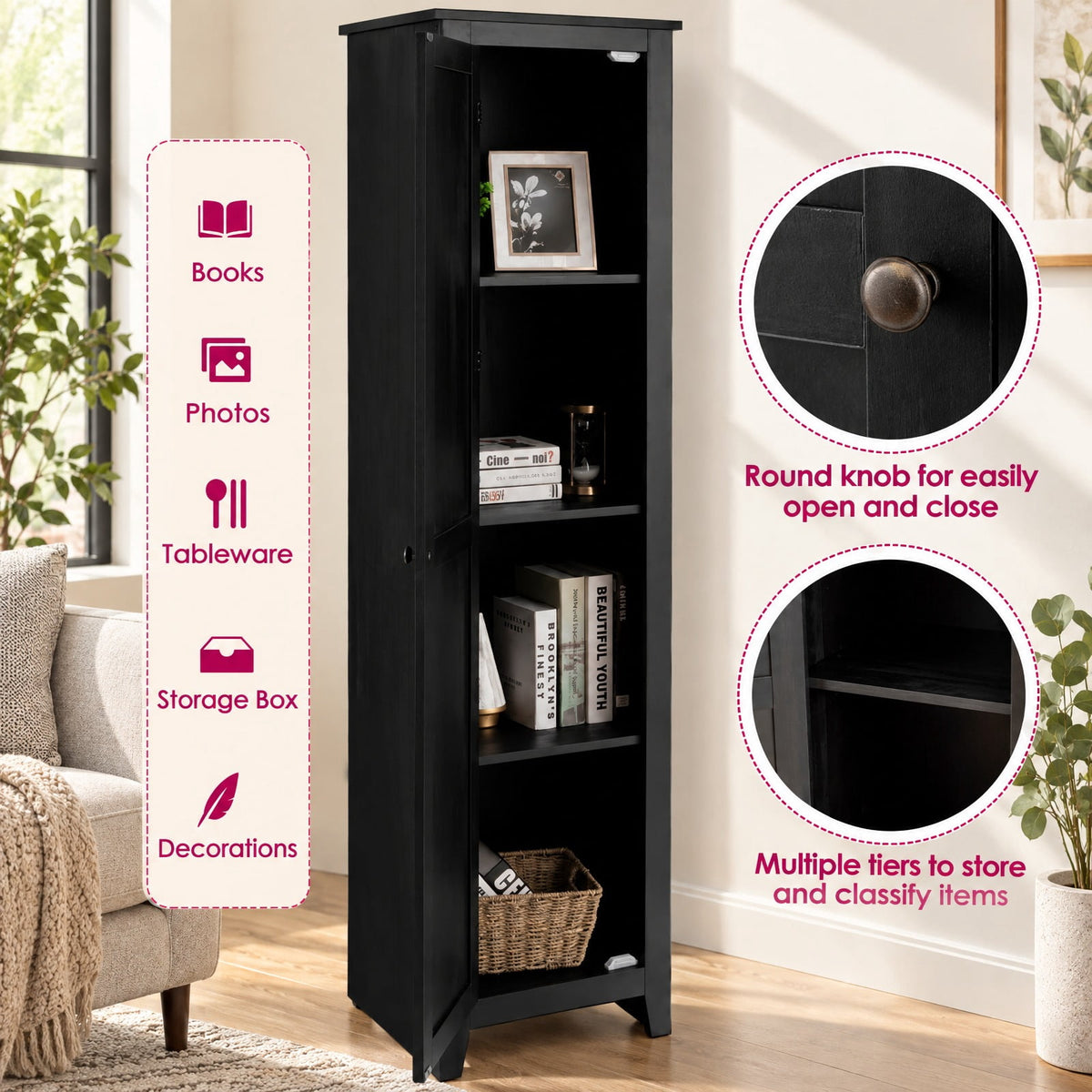 Airfind Linen Tower Bathroom Storage Cabinet Tall Slim Side Organizer with Shelf, 11 lbs Capacity, MDF particleboard Frame, Black