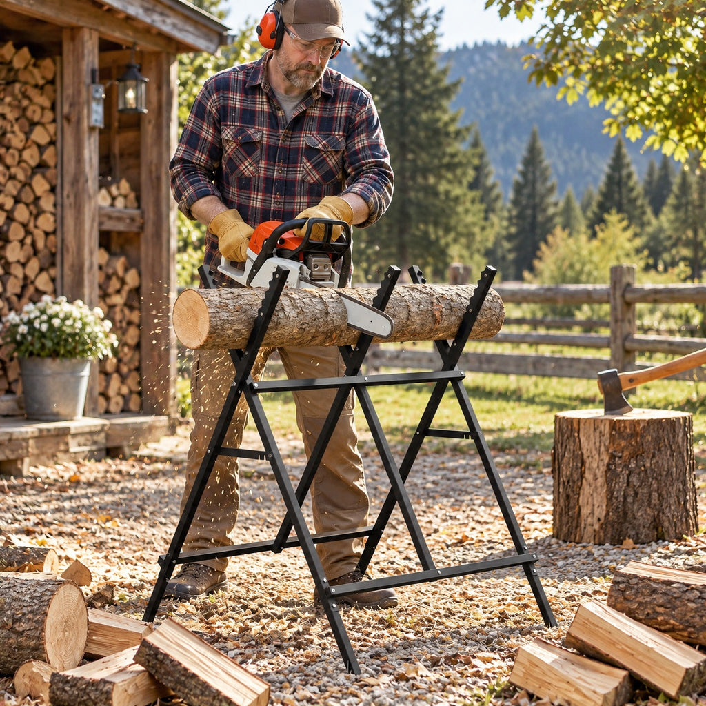 Airfind Folding Log Saw Horse with Anti-Slip Sawteeth and Non-Slip Foot Pads Heavy Duty, 220 lbs Capacity, Metal Frame, Black