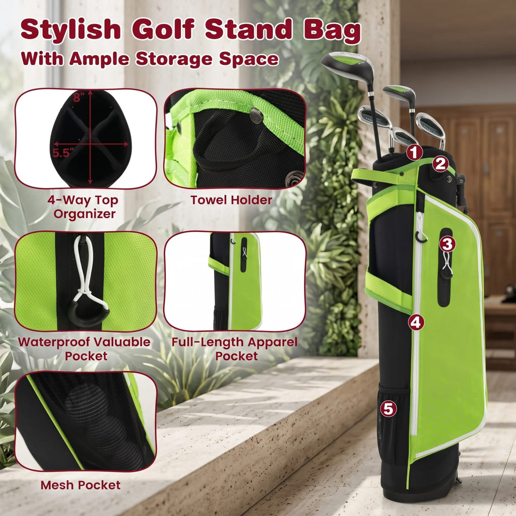 Airfind Junior Complete Golf Club Set with Stand Bag and Rain Hood and Padded Dual Shoulder Straps for Kids Ages 11 to 13, Green