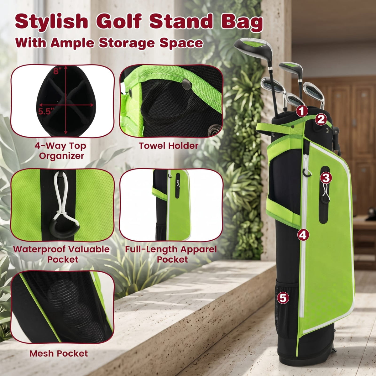 Airfind Junior Complete Golf Club Set with Stand Bag and Rain Hood and Padded Dual Shoulder Straps for Kids Ages 11 to 13, Green