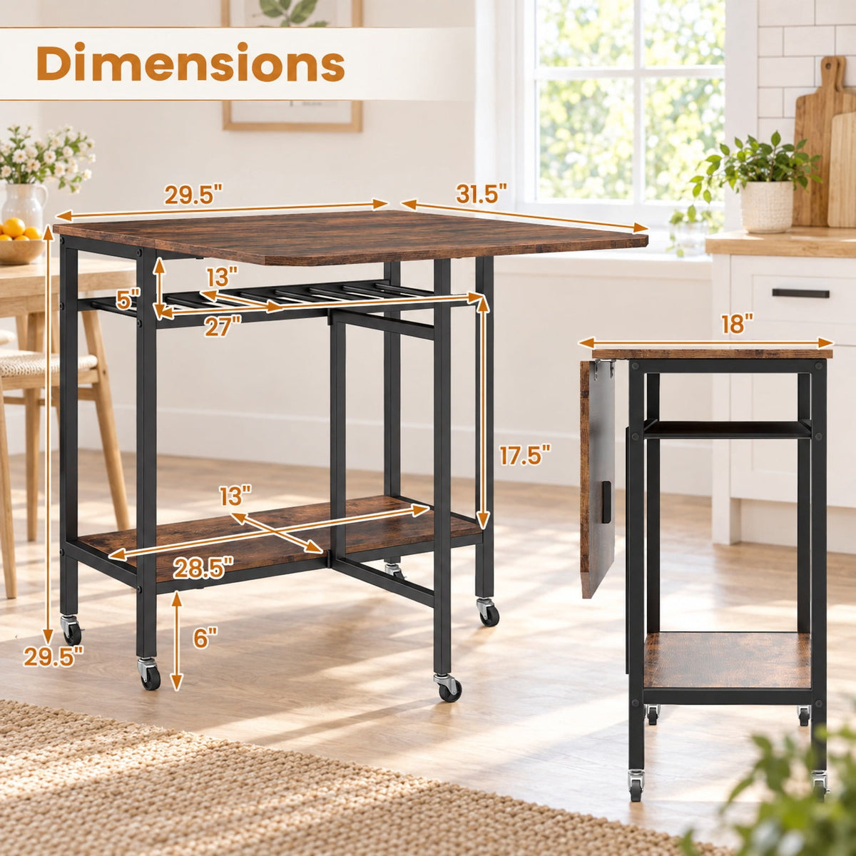 Airfind Folding Dining Table with Expandable Laptop with Wine Rack and Wheels, 66 lbs Capacity, Engineered Wood Metal Frame, Brown