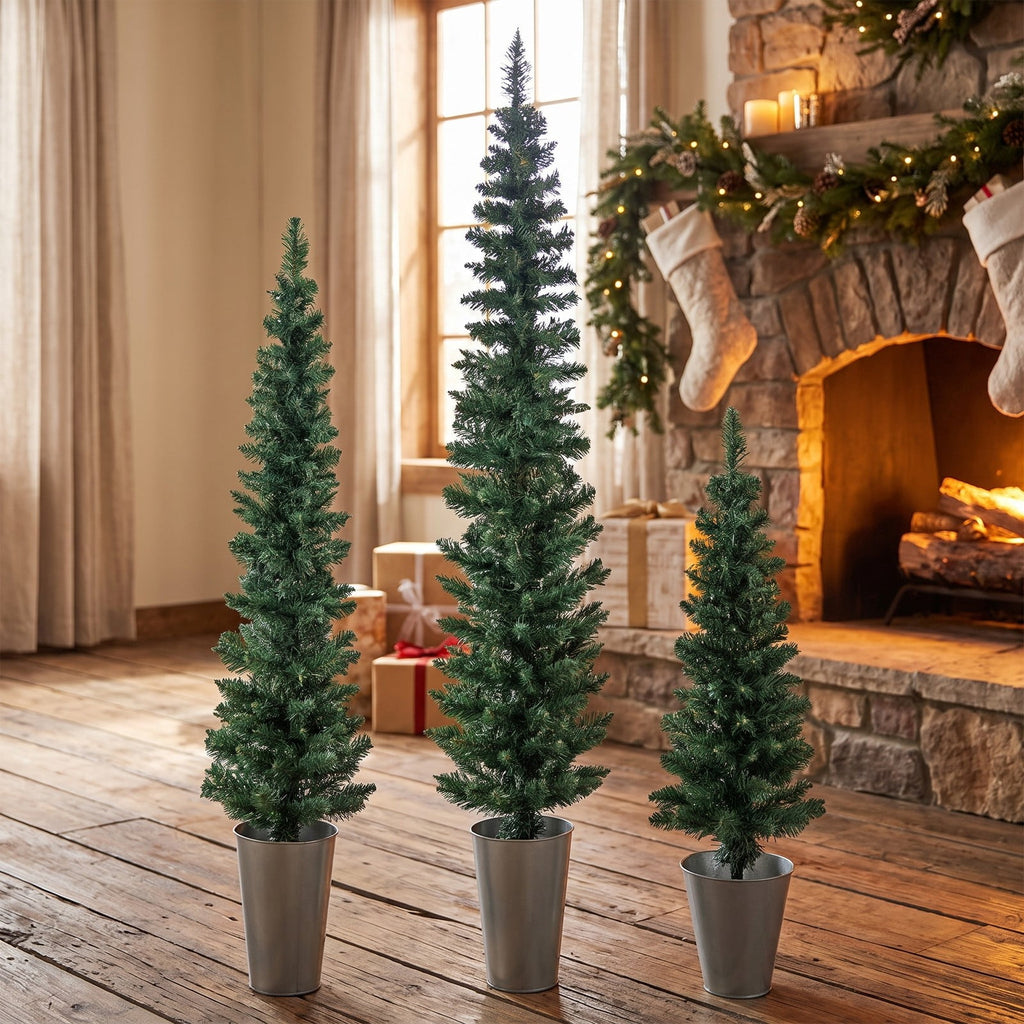 Airfind Set of 3 Potted Artificial Christmas Tree with Silver Metal Buckets, PVC Metal Tree Height 3/4/5 ft Tree Width 1 ft Frame, Silver