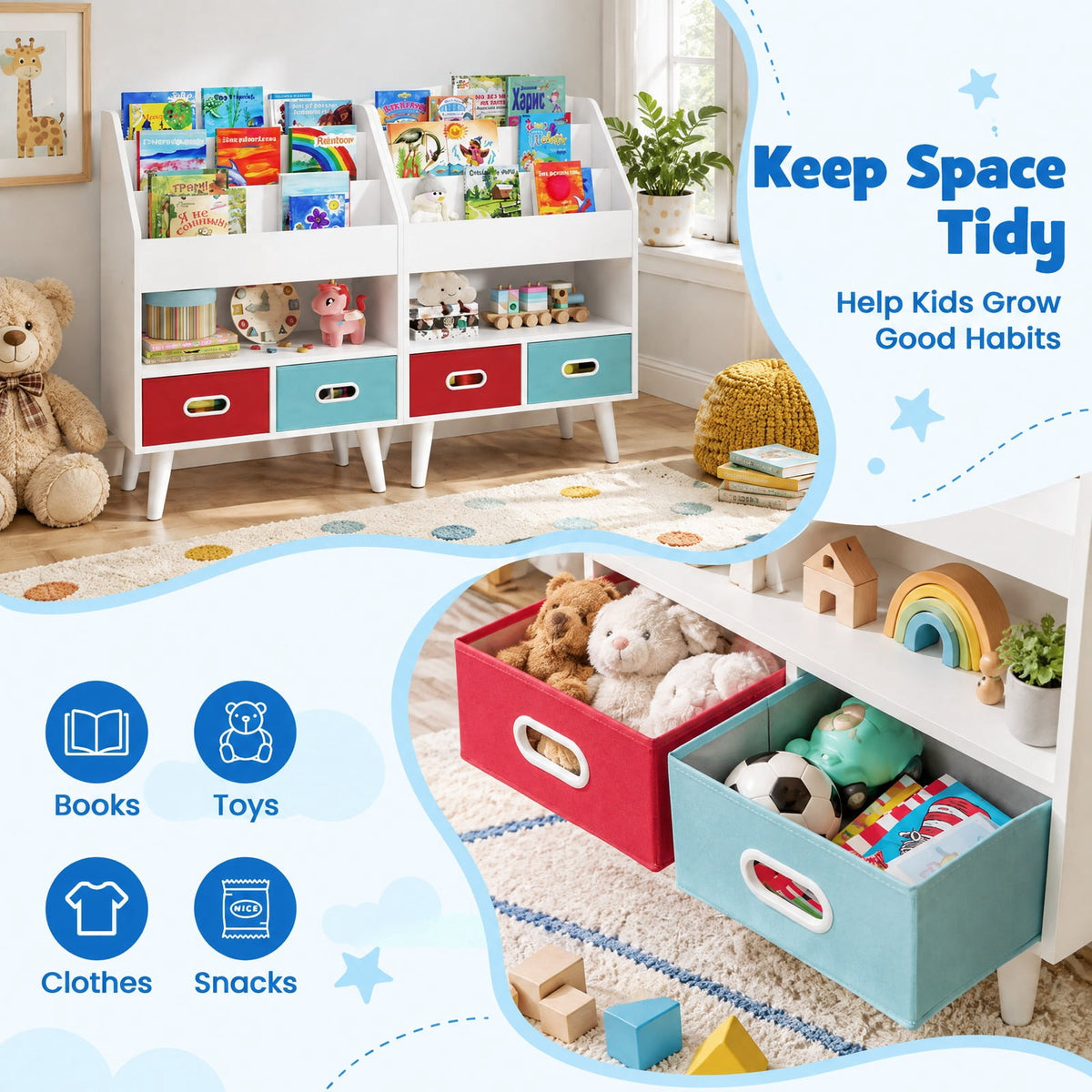 Airfind Youth Bookshelf featuring Open Compartment for Youth 3+ Years Old, 220 lbs Capacity, MDF Engineered Wood Non-woven Fabric Frame, White