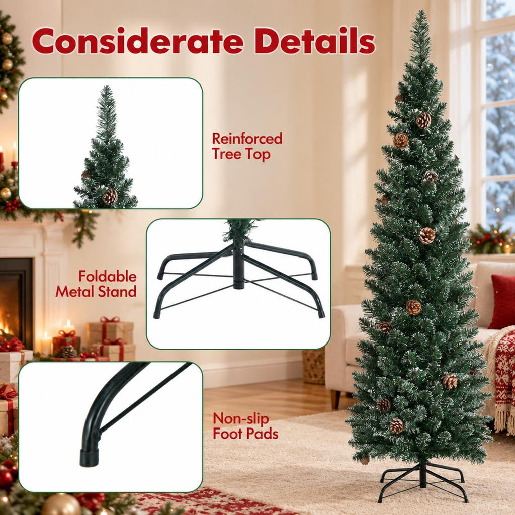 Airfind 5 Ft Slim Snow-Flocked Pencil Christmas Tree featuring 214 Branch Tips, 25 Pine Cones and Foldable Metal Stand, Green