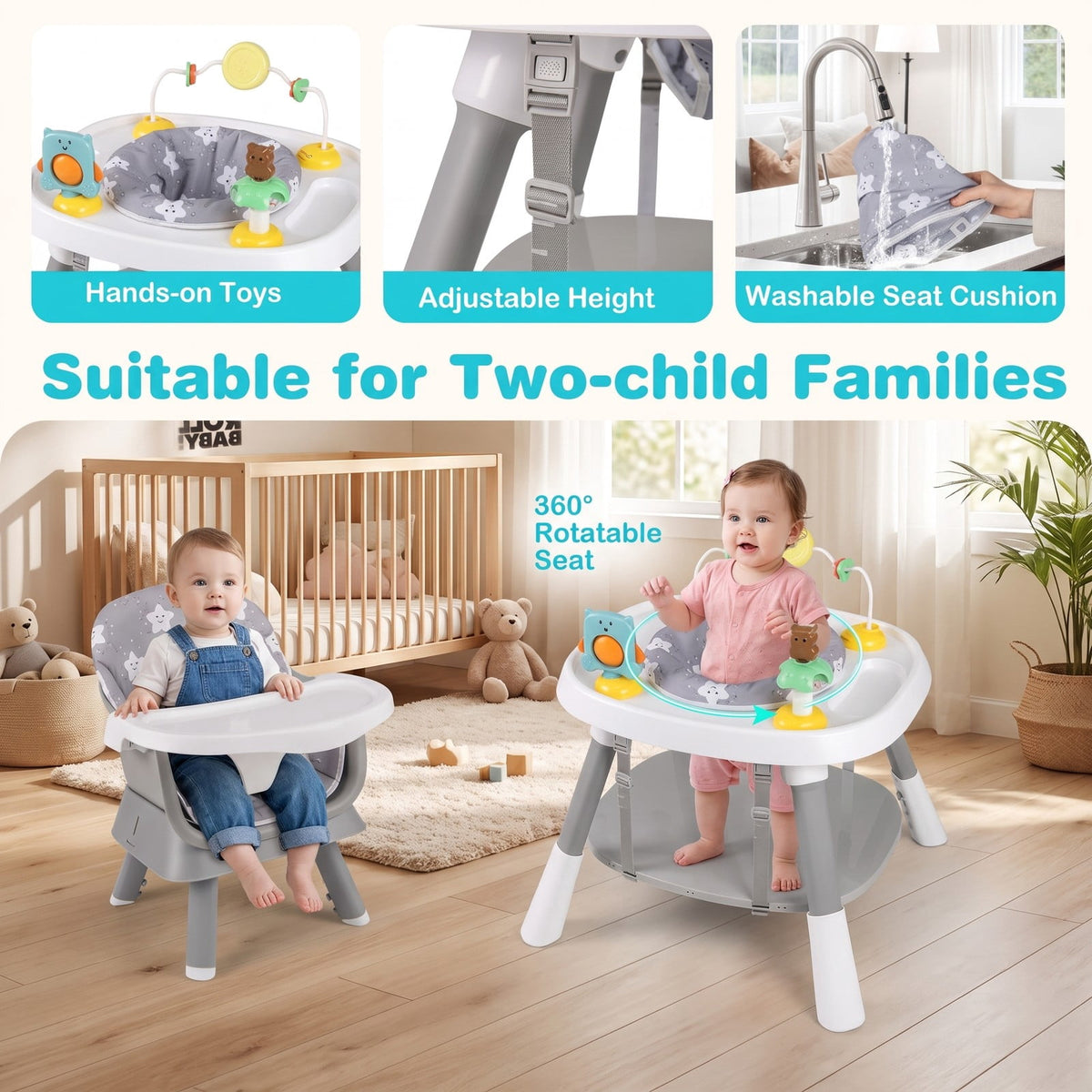 Airfind 16-in-1 Baby High Chair with Activity Center and Booster Seat for Babies and Toddlers, 44 lbs Capacity, Metal Frame, Grey