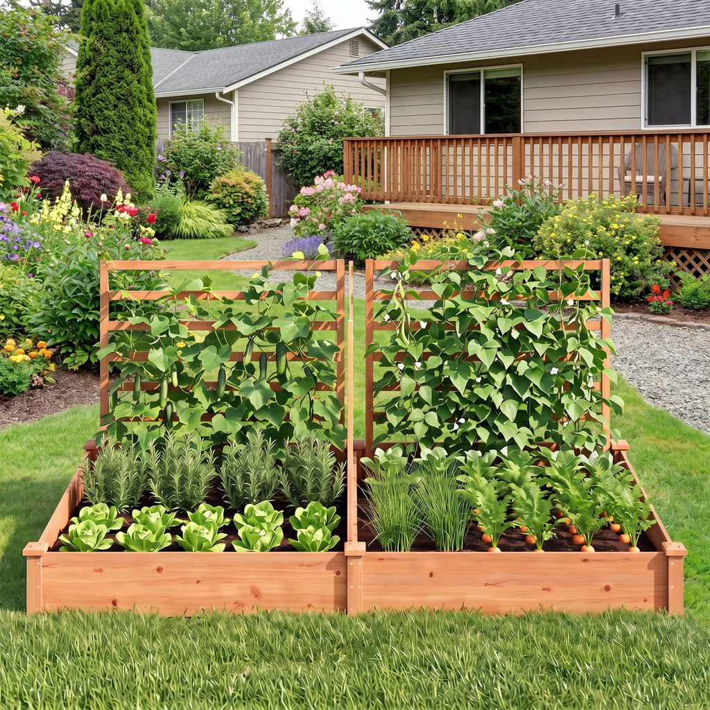 Airfind Raised Garden Bed with 2 Planter Boxes and 3 Trellis, 22 lbs Capacity, Fir Wood Frame, 88 x 45 x 43 (L x W x H) Interior Footprint