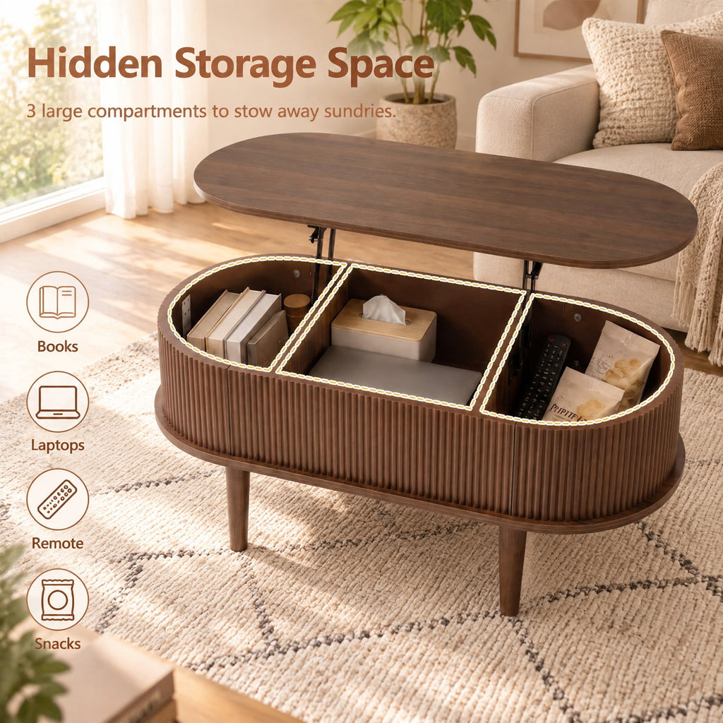 Airfind 43.5 Inch Oval Lift Top Coffee Table with Storage and Fluted Design for Living Room, 200 lbs Capacity, Engineered Wood Solid Wood Frame, Walnut