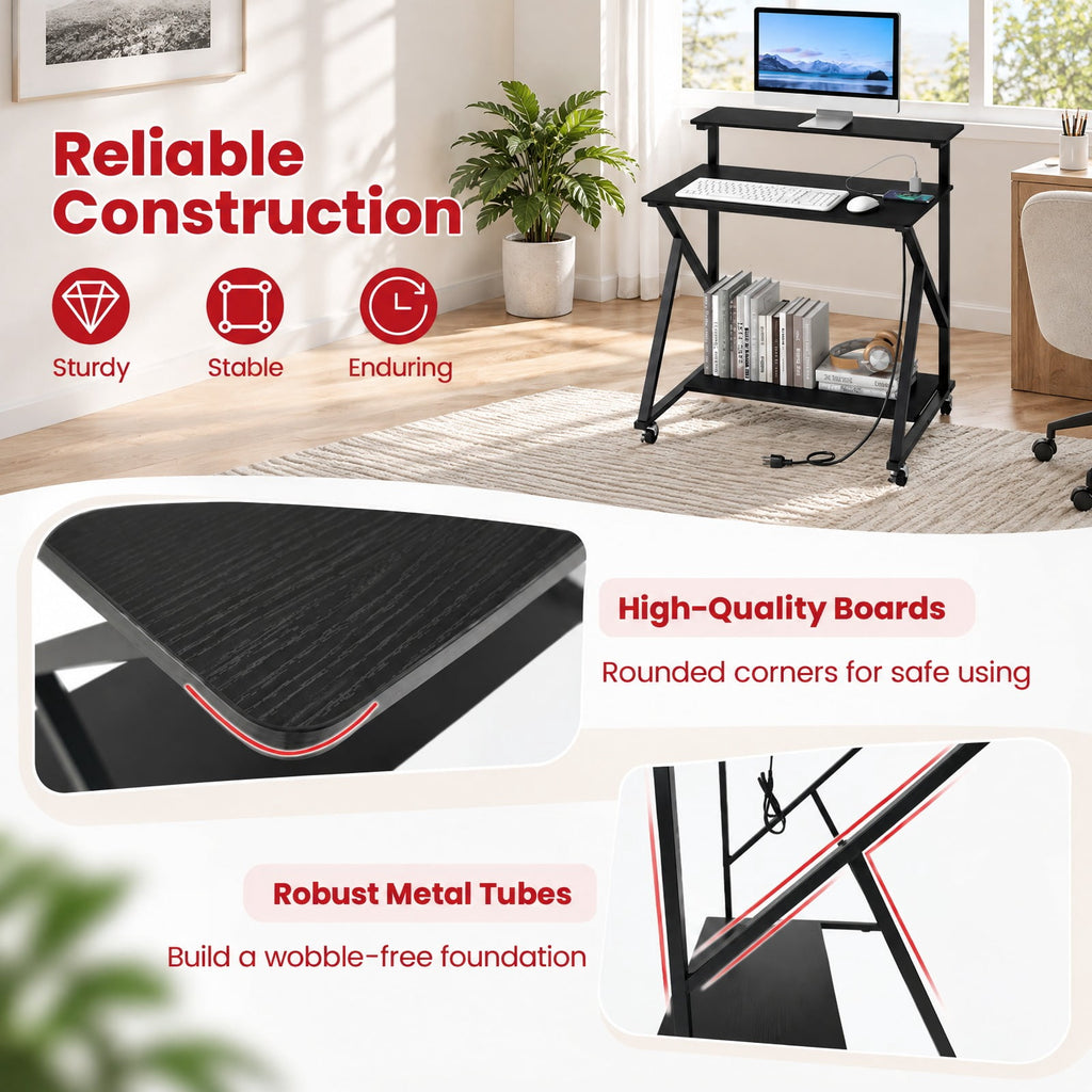 Airfind 32 Inch Rolling Computer Desk for Small Spaces with Power Outlets, 155 lbs Capacity, Engineered Wood Metal Frame, Black