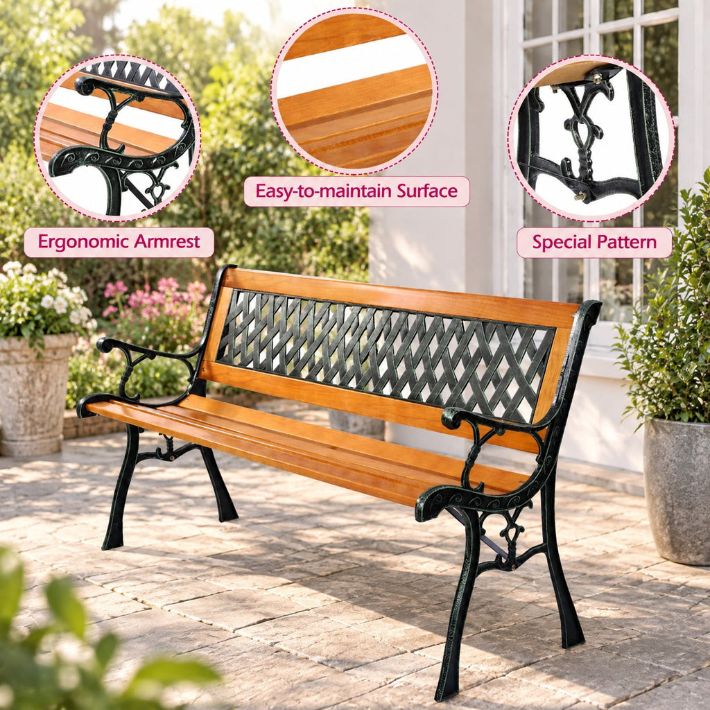 Airfind Outdoor Cast Iron Patio Bench, 463 lbs Capacity, Cast iron Frame, 49.5 x 20.5 x 29 Product weight: 30 lbs Footprint, Black + natural