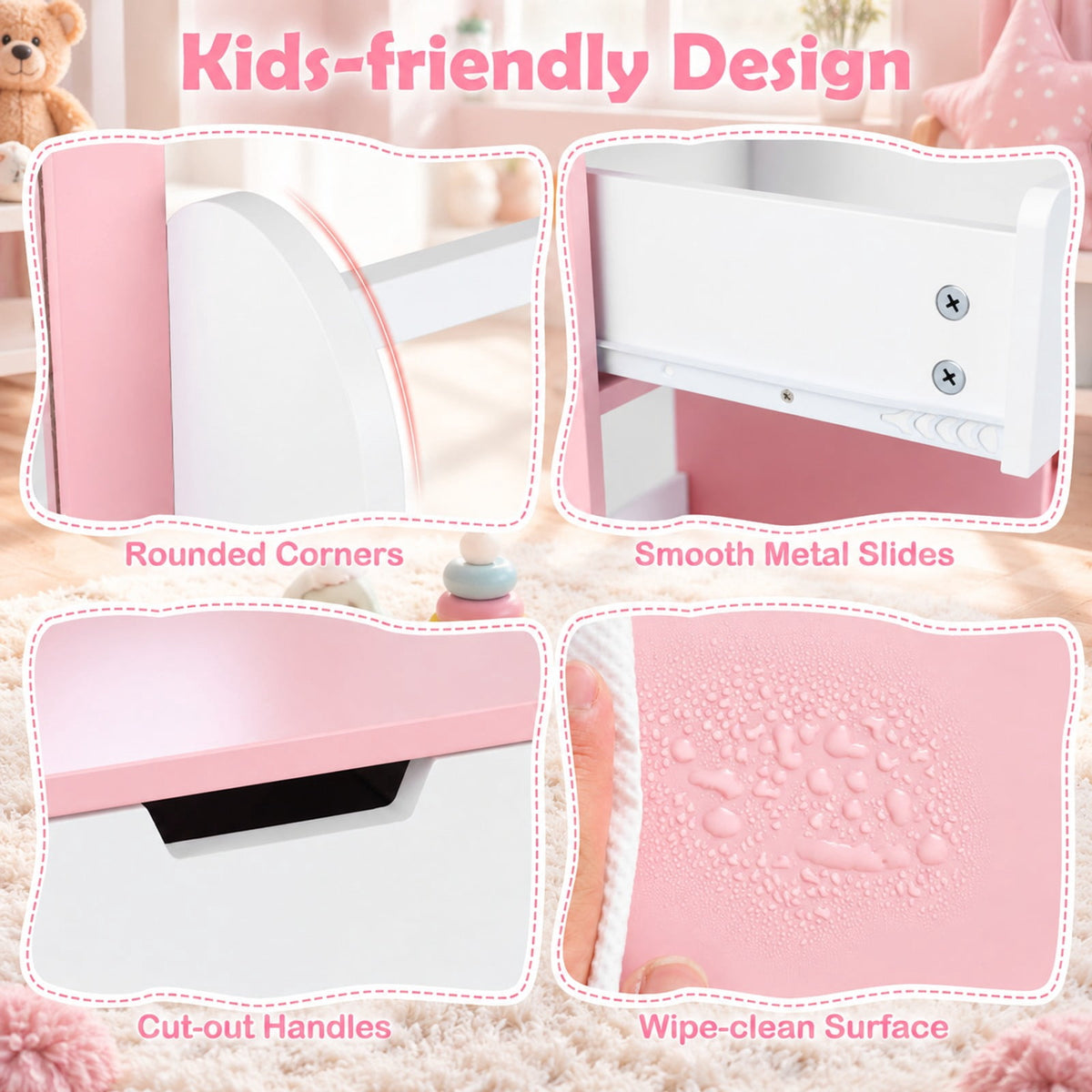 Airfind Kids Vanity Set with Chair and Mirror Makeup Dressing Desk with Storage Shelves and Drawers-White and Pink, 200 lbs Capacity, MDF Glass Frame