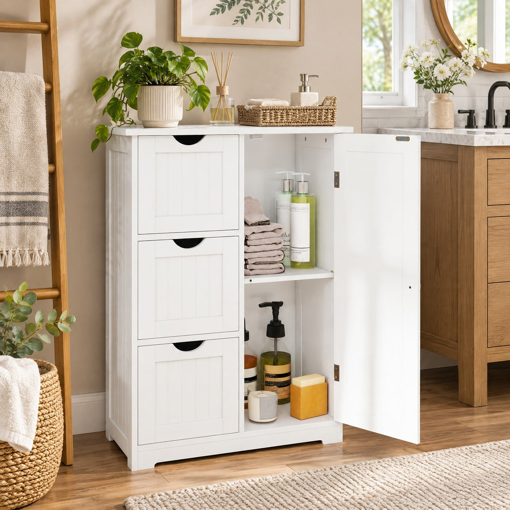 Airfind Bathroom Floor Cabinet Side Storage Cabinet with 3 Drawers and 1 Cupboard, MDF Frame, 24 x 12 x 32 Footprint, White