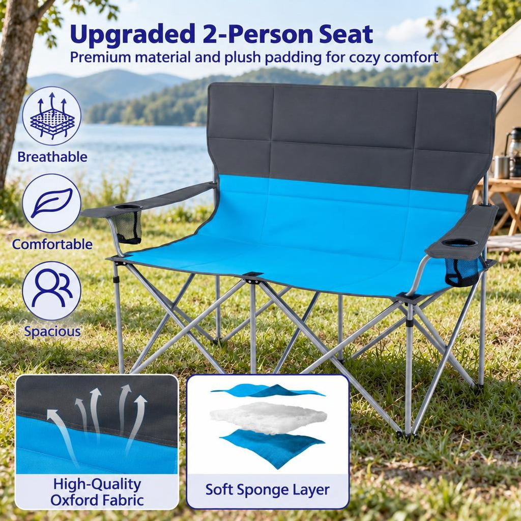 Airfind Double Camping Chair with Carry Bag Cup Holders, 660 lbs Capacity, Metal Oxford Fabric Sponge, 40 Inch x 20.5 Inch x 36.5 Inch , Blue