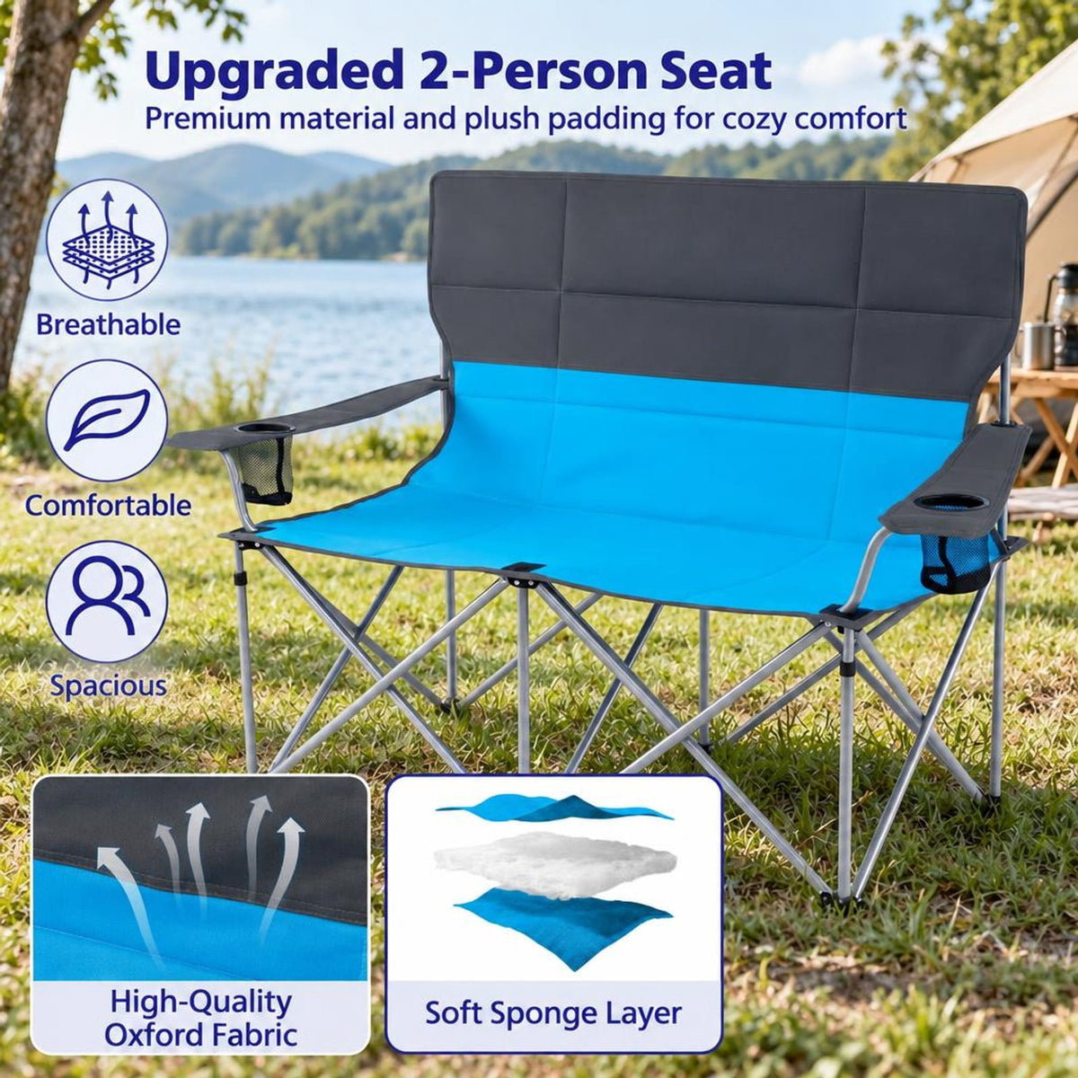 Airfind Double Camping Chair with Carry Bag Cup Holders, 660 lbs Capacity, Metal Oxford Fabric Sponge, 40 Inch x 20.5 Inch x 36.5 Inch , Blue