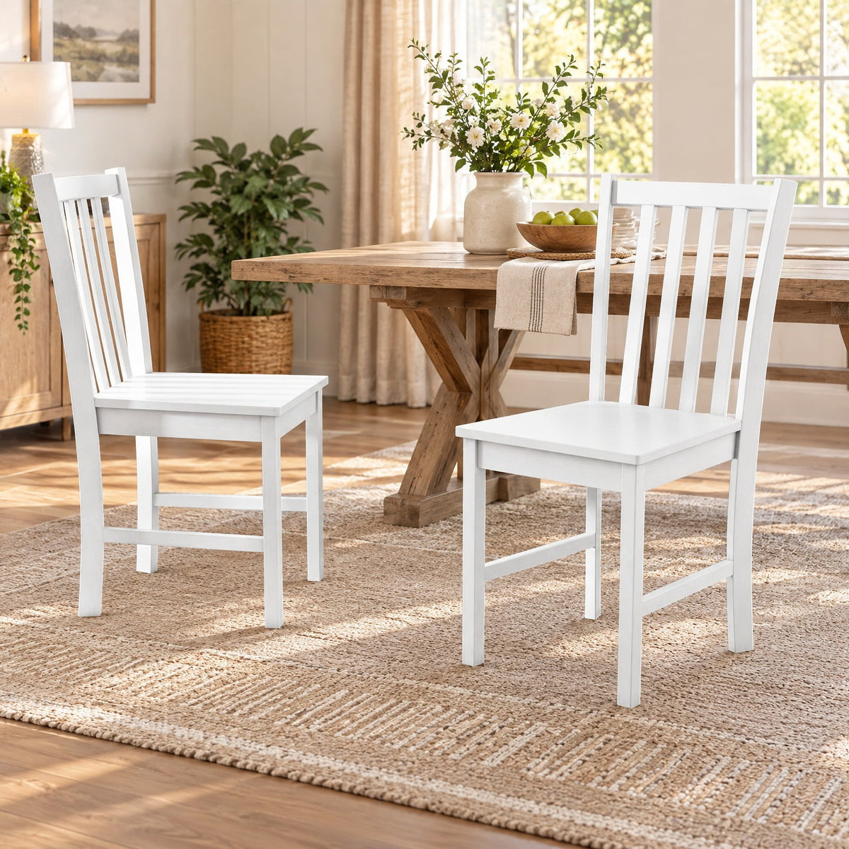 Airfind Rustic Dining Chairs Set of 2 Wooden Kitchen Chairs with Slat Tilt Backrest, Chair 330 lbs Capacity, Rubber Wood Frame, White