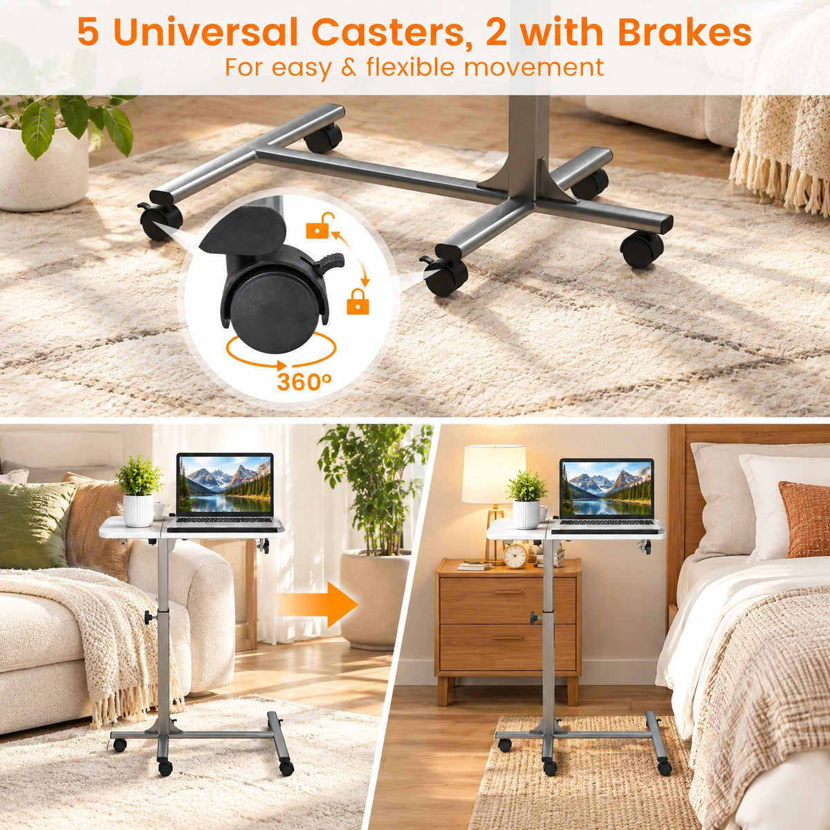 Airfind Adjustable Angle Height Rolling Laptop Table, Steel (frame) Frame, 23.5 x 16 x 24.5-36 (L x W x Adjustable H) Steel tube Footprint
