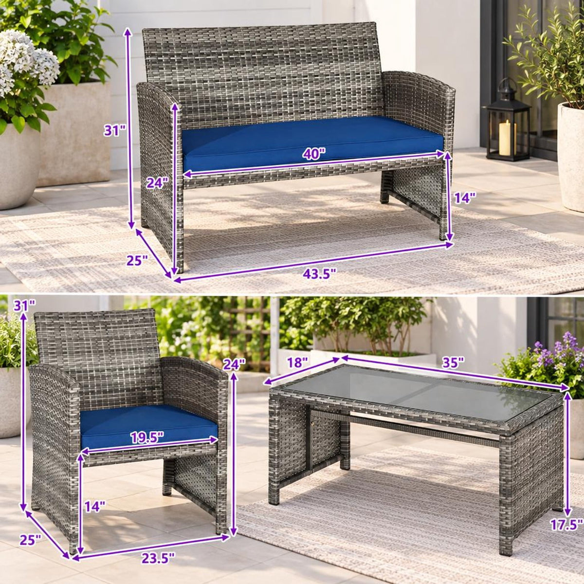 Airfind 4 Pieces Patio Rattan Furniture Set with Glass Table and Loveseat, PE Rattan Polyester Fiber Steel Sponge Single Sofa Frame, Navy
