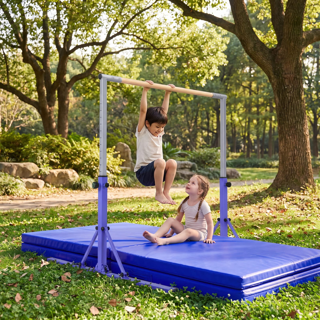 Airfind Foldable Gymnastics Bar for Kids with 3 Level Adjustable Height and Bamboo Grip Bar for Home Balance and Coordination Training, Purple