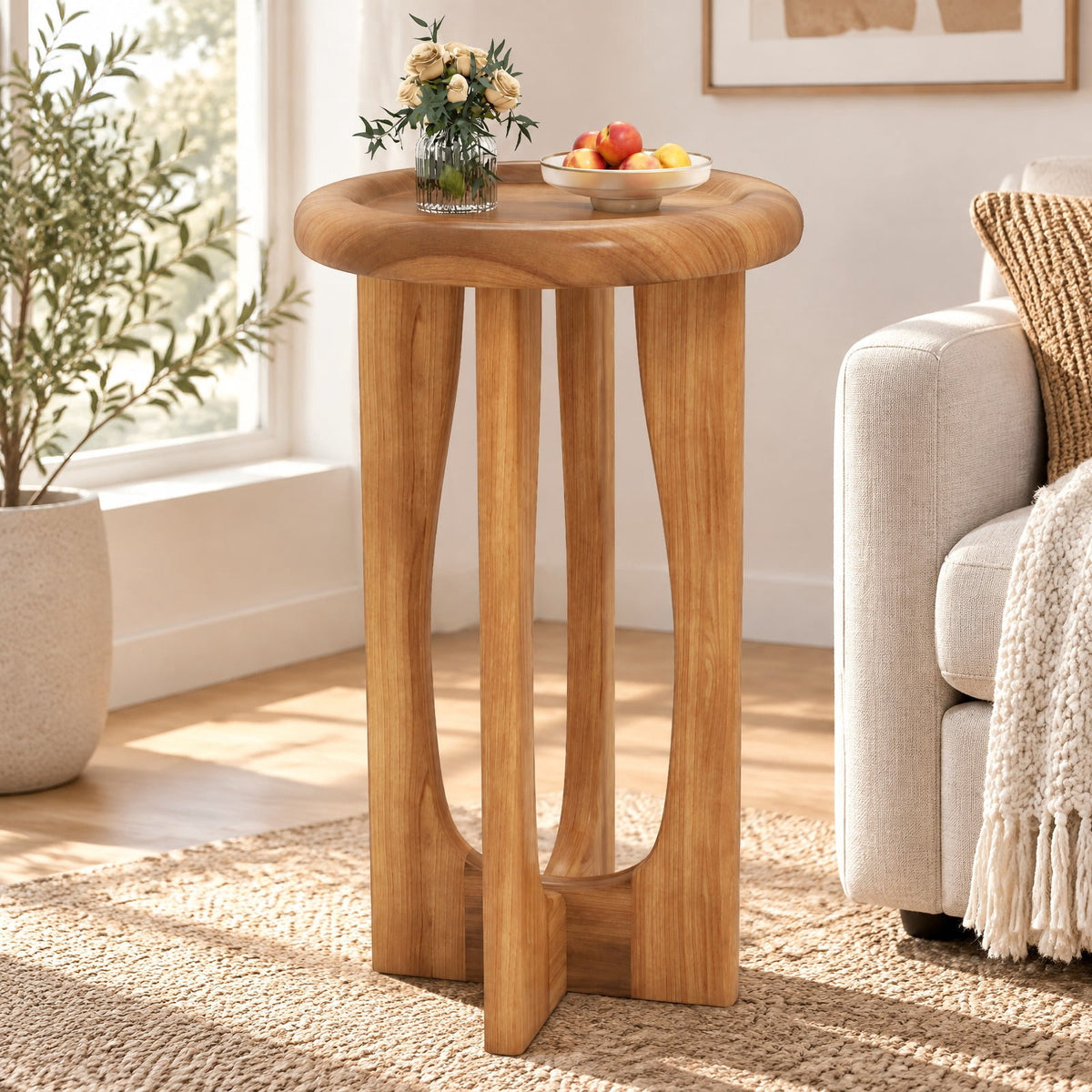 Airfind 14 Inch Farmhouse End Table with Round Tray Top and Wood Cross Legs, 110 lbs Capacity, Mahogany Wood Frame, 14 x 14 x 23.5 Footprint