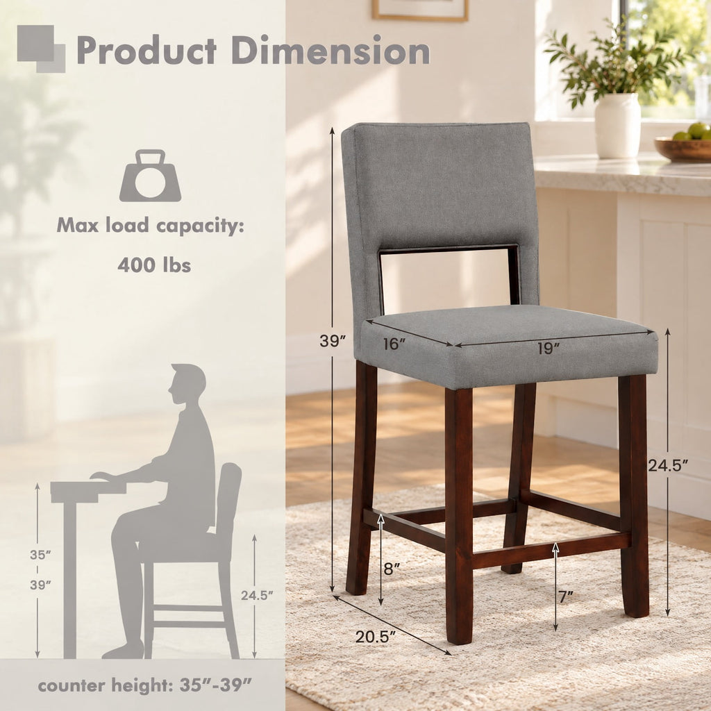 Airfind 2 Piece Bar Chair Set with Hollowed Back and Rubber Wood Legs, 400 lbs Capacity, Rubber Wood Acacia Wood Sponge PVC Leather Frame, Gray