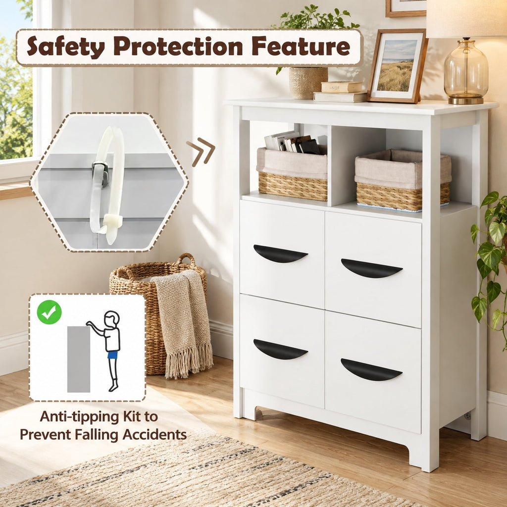 Airfind 24 Inch Floor Cabinet with 2 Open Compartments and 2 Drawers, MDF Engineered Wood Frame, 24in x 12in x 31.5in Footprint, White