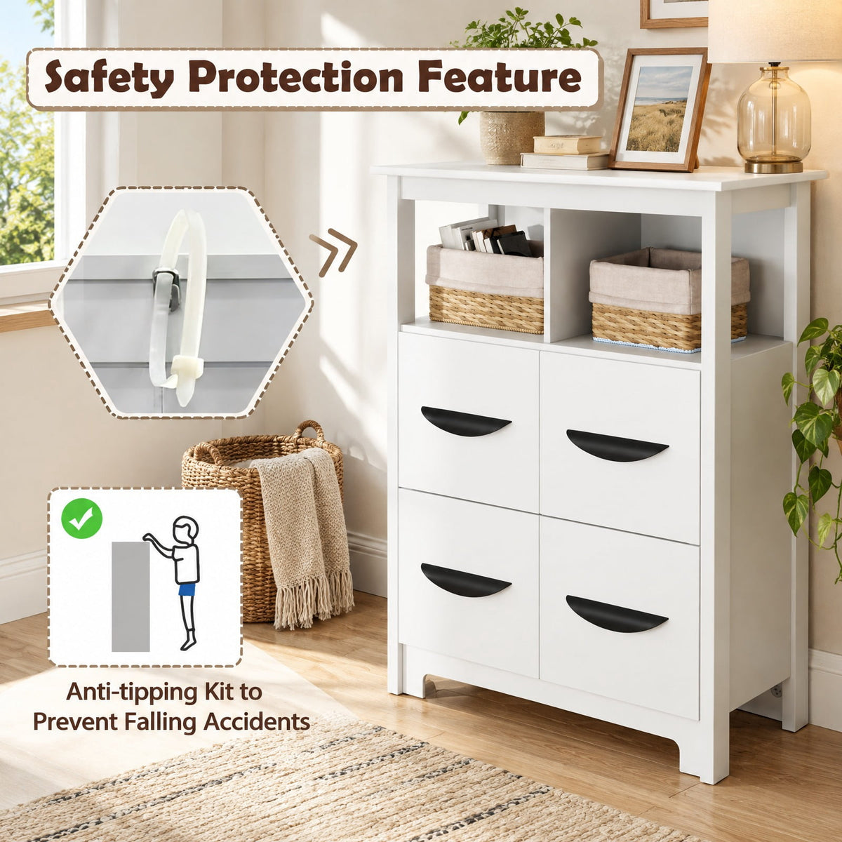 Airfind 24 Inch Floor Cabinet with 2 Open Compartments and 2 Drawers, MDF Engineered Wood Frame, 24in x 12in x 31.5in Footprint, White