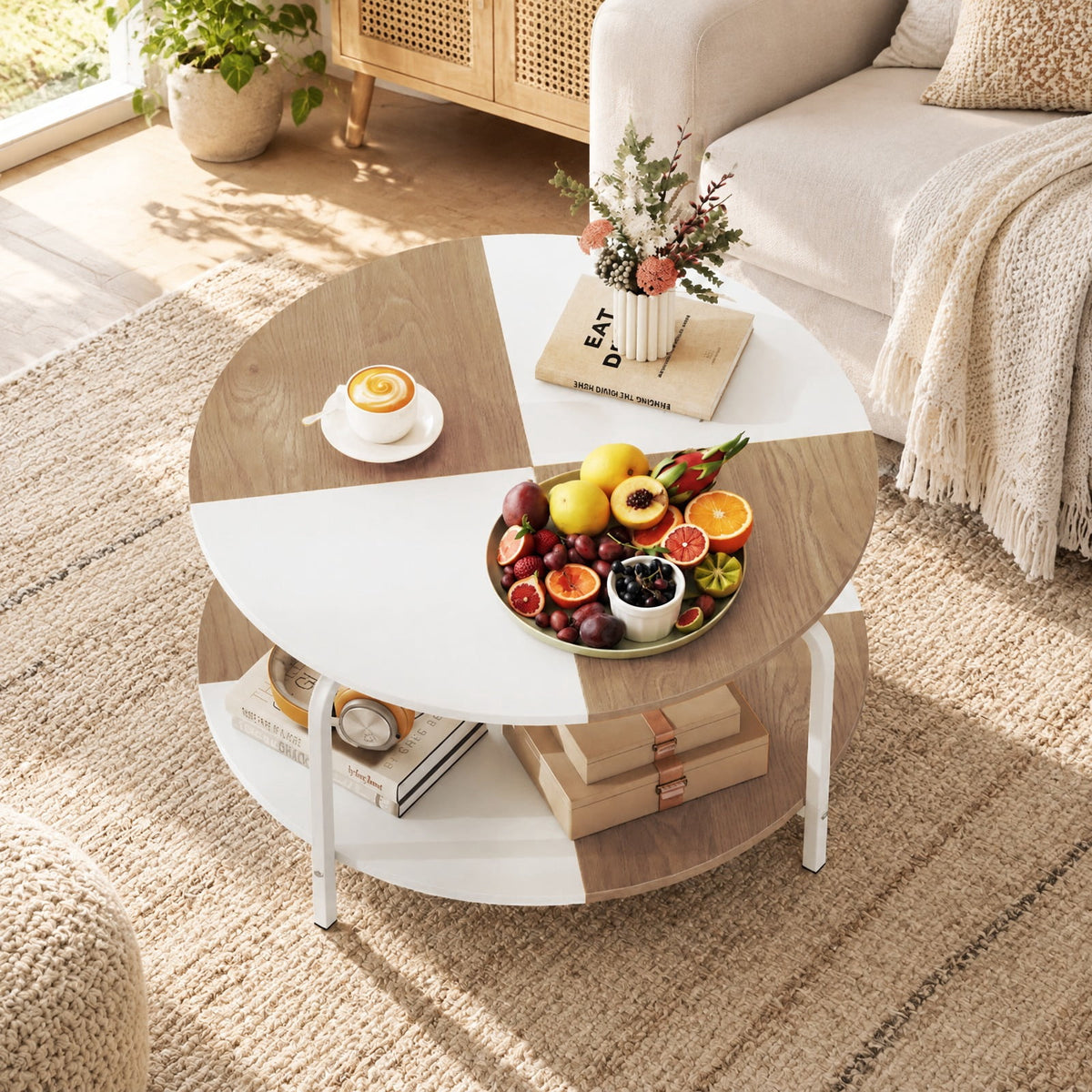 Airfind 2-Tier Round Coffee Table Metal Frame with Storage Shelf-Natural and White, 220 lbs Capacity, Engineered Wood Metal Frame, Coffee
