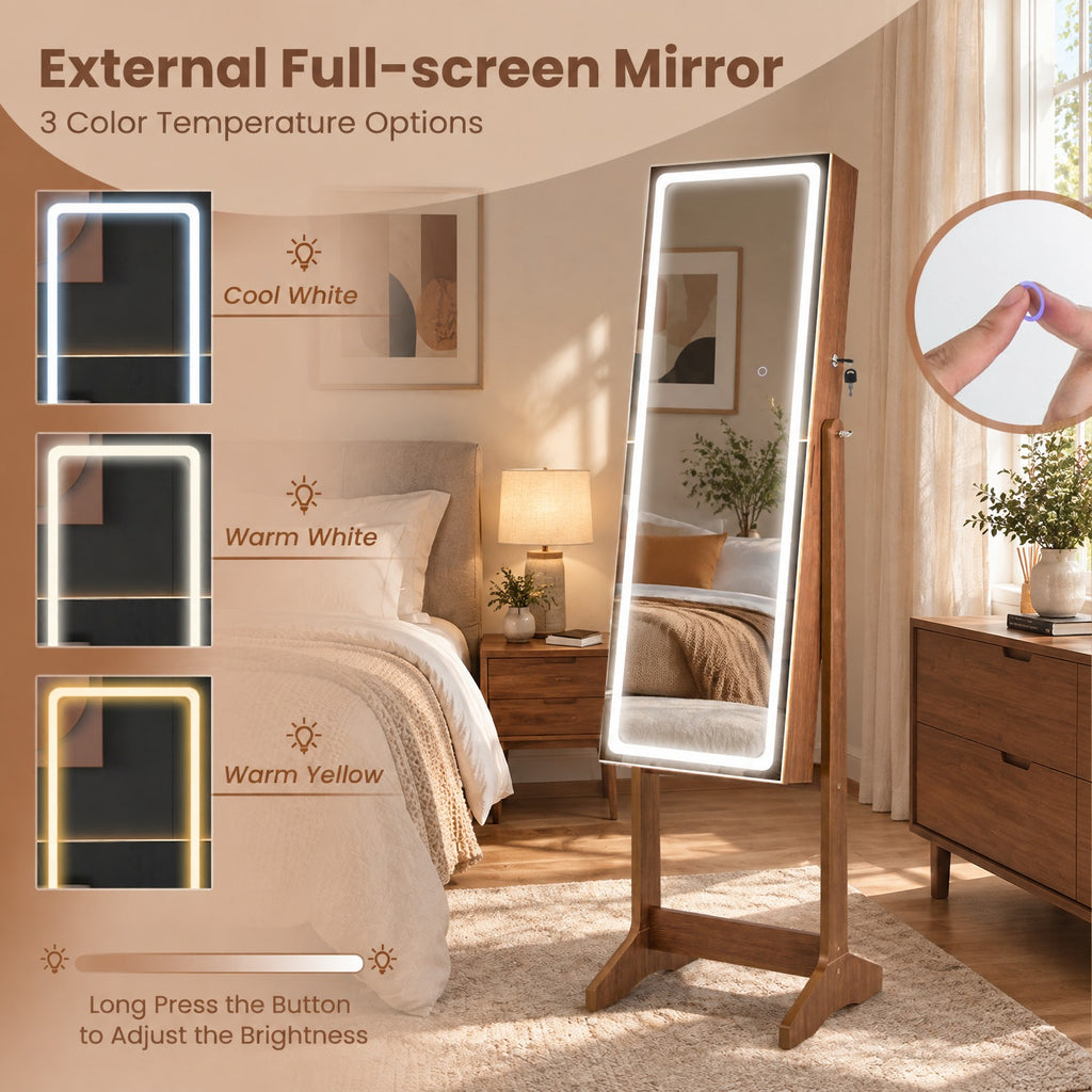 Airfind Lockable Jewelry Armoire Standing Cabinet with Lighted Full-Length Mirror, MDF Glass Acrylic Frame, 16 x 15 x 59.5 External Footprint