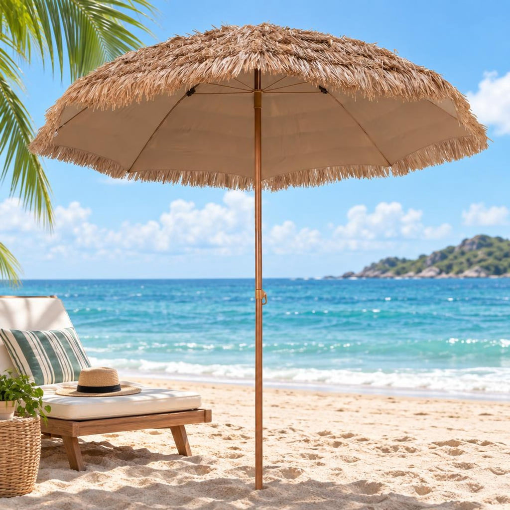 Airfind 8 Feet Patio Thatched Tiki Umbrella Hawaiian Hula Beach Umbrella, Thatch steel Frame, 8 ft x 7.3 ft Footprint, Natural