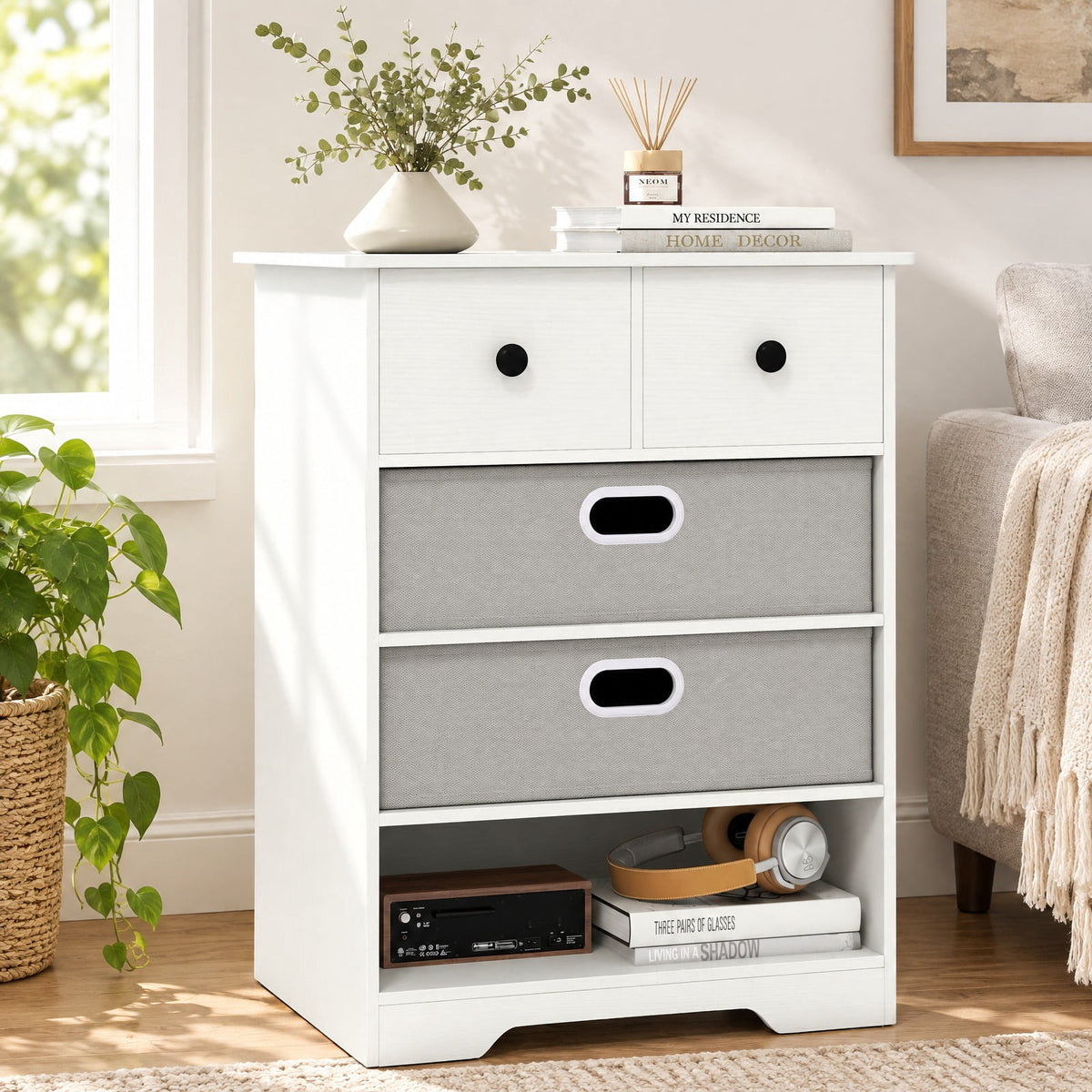 Airfind 4-Drawer Dresser Modern Chest Storage Organizer with Open Shelves, 100 lbs Capacity, Engineered Wood MDF Fabric Frame, White
