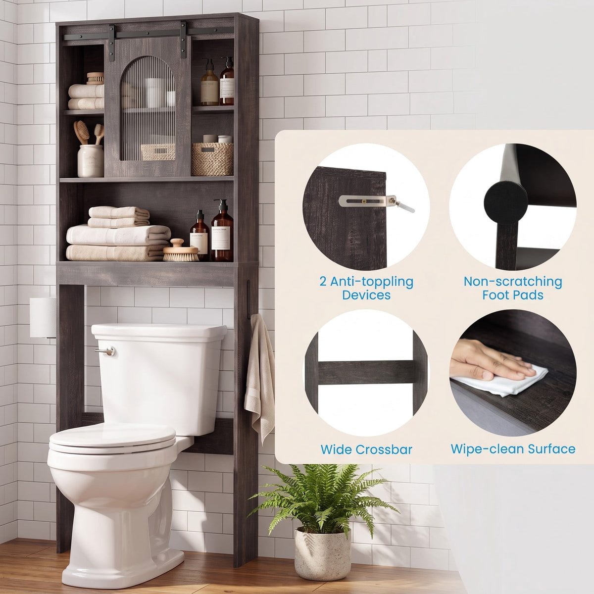 Airfind Over Toilet Storage Cabinet with Sliding Barn Door and Open Shelves for Bathroom, 44 lbs Capacity, Engineered Wood Frame, Black Oak