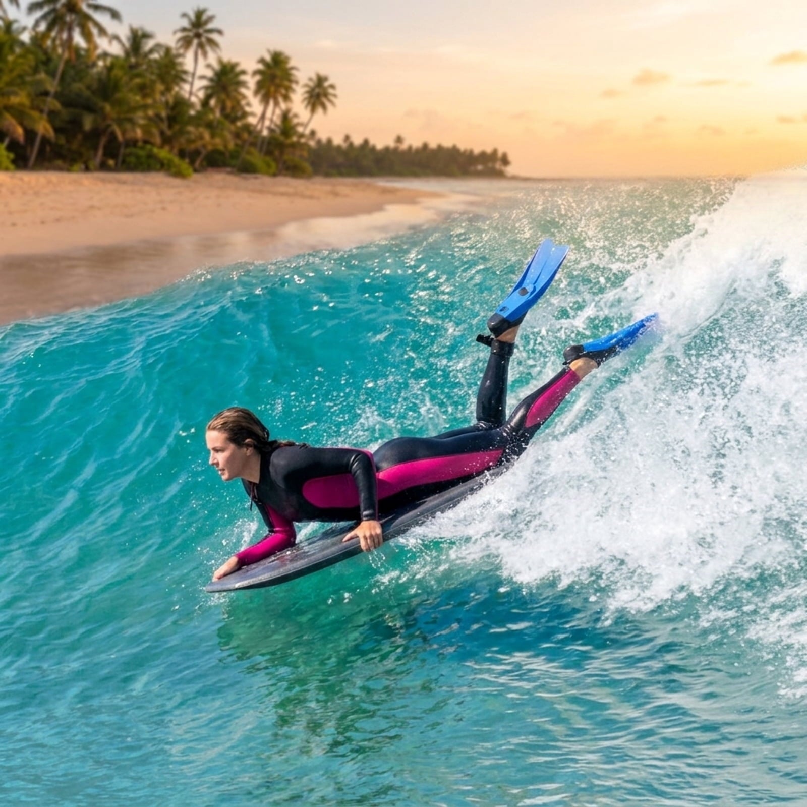 Airfind 33 Boogie Board with Sunset Splash Graphic Deck ¡ª EPS Core, XPE Top, HDPE Slick Bottom, Crescent Tail, Coiled Wrist Leash