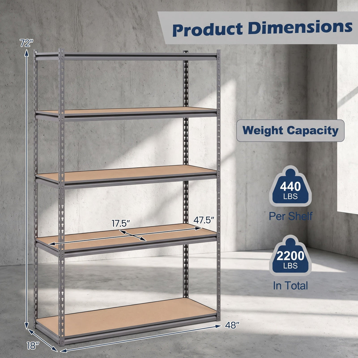 Airfind 5-Tier Garage Shelving Unit 2200 LBS Metal Storage Shelves Adjustable Utility Rack for Warehouse, 440 lbs Capacity, Metal MDF Frame, Gray
