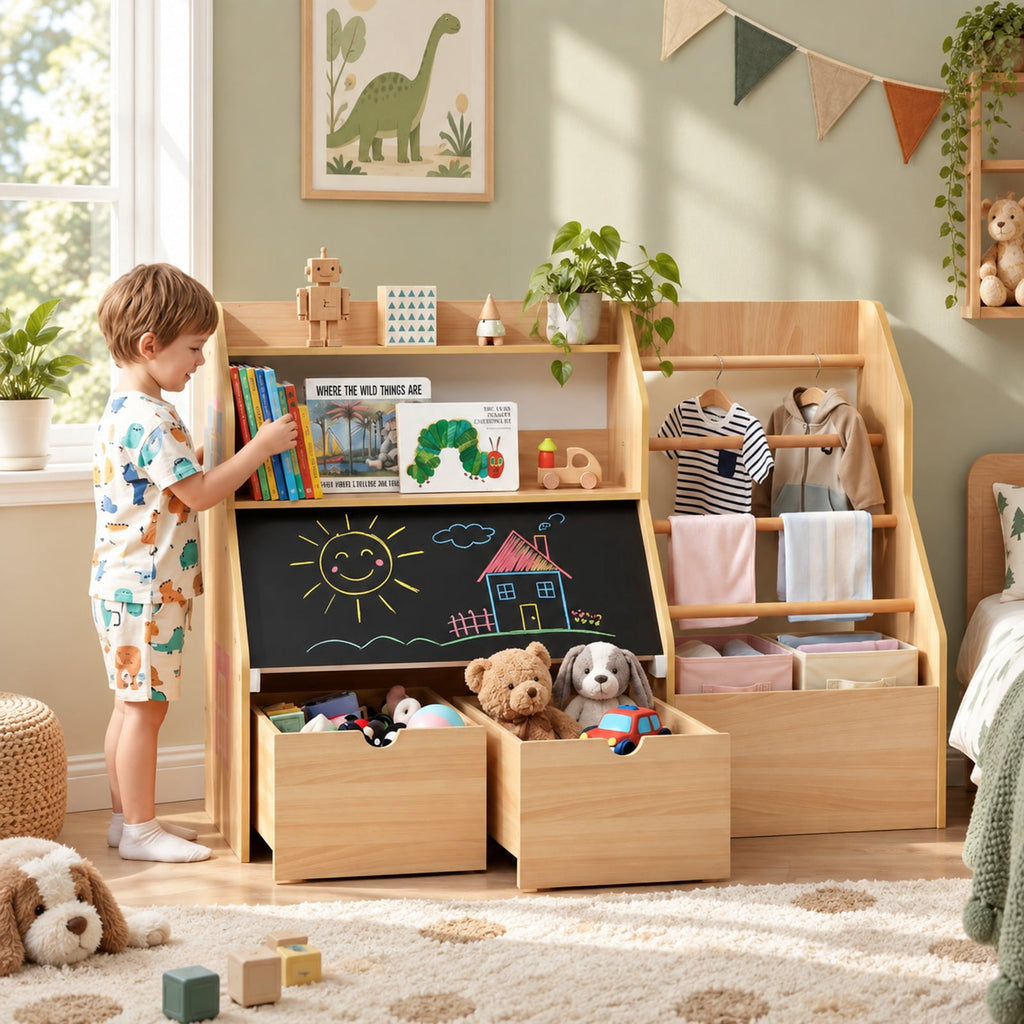 Airfind Kids Toy Storage Organizer with Flip-up Blackboard, Engineered Wood Pine Wood Frame, for 3+ Years Old, 41 Inch x 16 Inch x 28 Inch Footprint, Natural