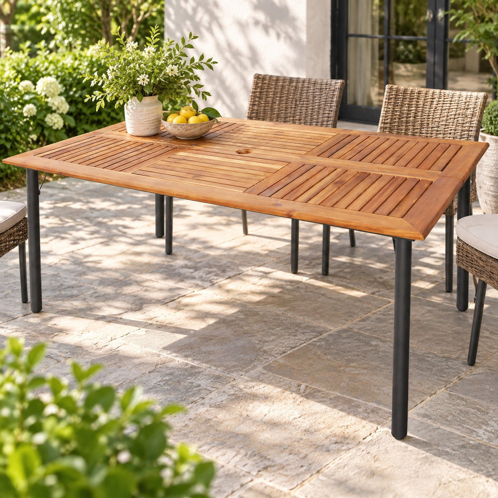 Airfind Patio Acacia Wood Dining Table with Umbrella Hole and Metal Legs, 165 lbs Capacity, Acacia Wood Metal Frame, 63 x 36 x 30 Footprint, Wood