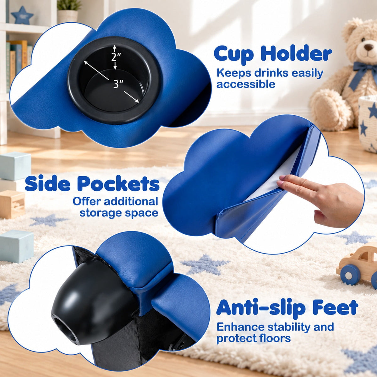 Airfind Youth Recliner Chair with Cup Holder, Side Pocket and Push-back Footrest, PU Upholstery, 24 x 21 x 30 in for Everyday Use, Blue