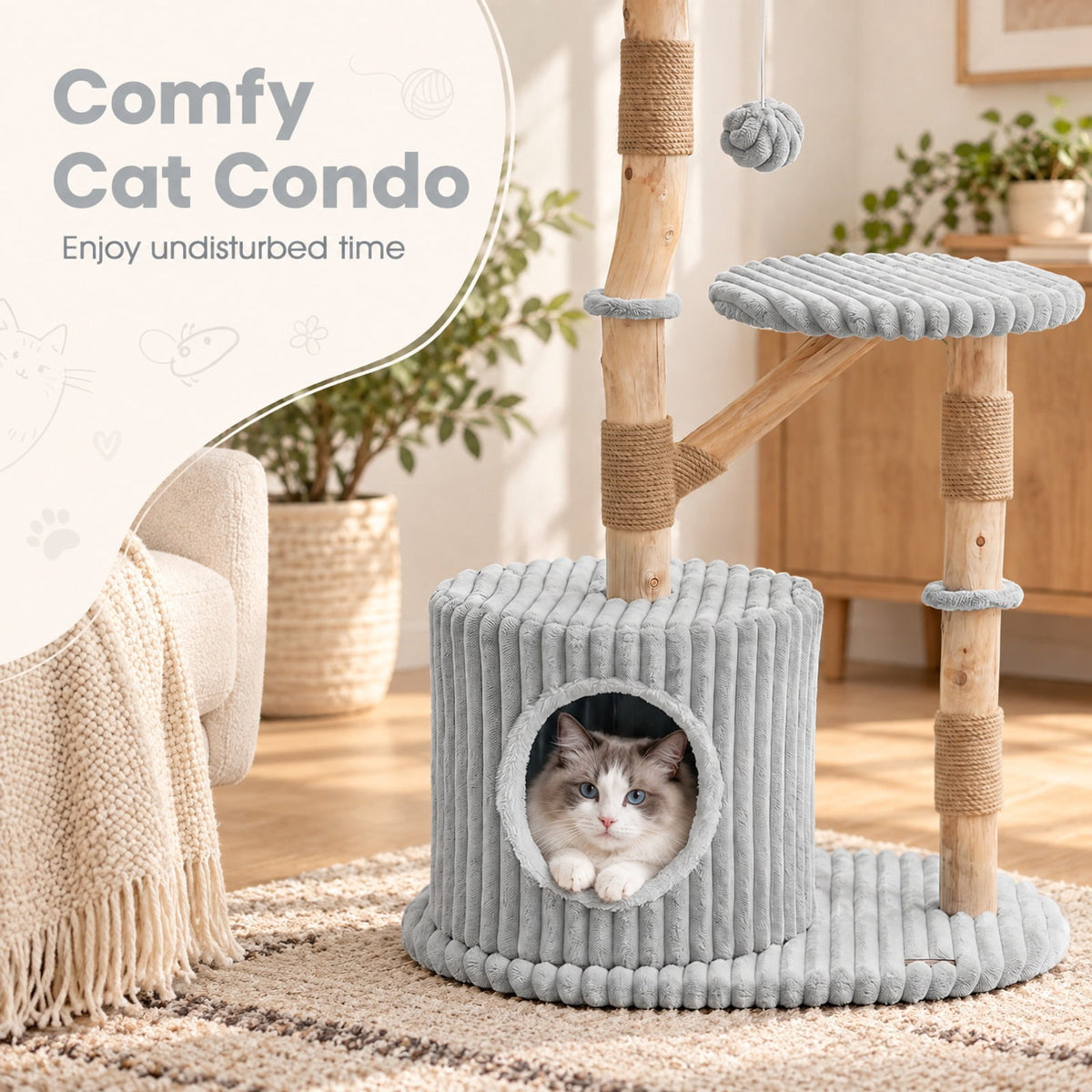 Airfind Solid Wood Cat Tree 41 Inch with Real Branches Scratching Posts and Cozy Bed, 22 lbs Capacity, Pear Wood Frame, 22 x 16 x 41 Footprint
